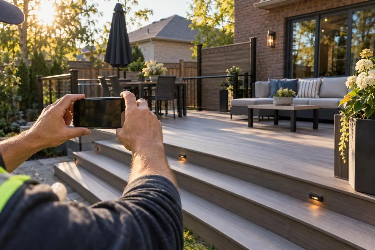 Contractor photographing a newly built composite deck with a smartphone at golden hour