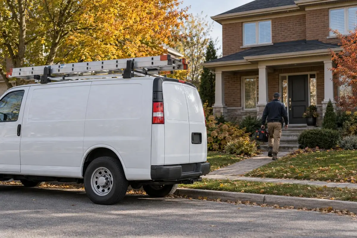 Contractor van parked outside a two-storey brick home while a technician walks to the front door
