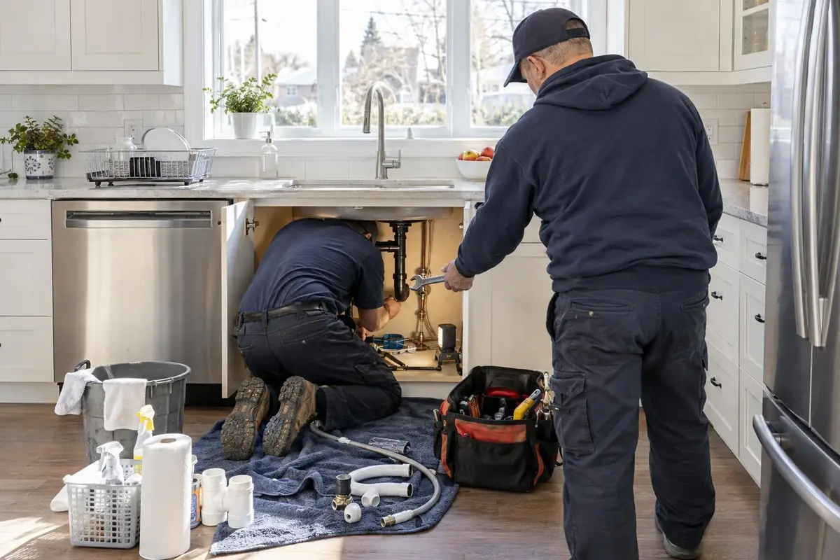 Two plumbers fitting a shut-off valve under a customer's kitchen sink in an Ontario home