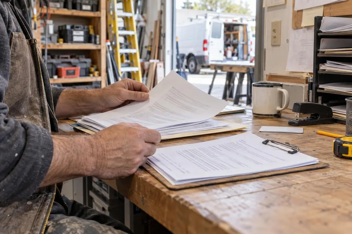 Contractor sorting insurance and registration paperwork on a shop desk for the Google Verified checks that replaced Google Screened