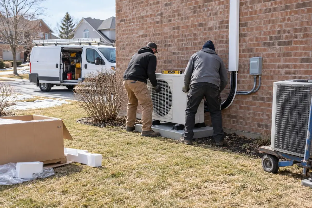 Two installers setting a new heat pump outdoor unit beside an Ontario home, a job that needs its own page in HVAC SEO