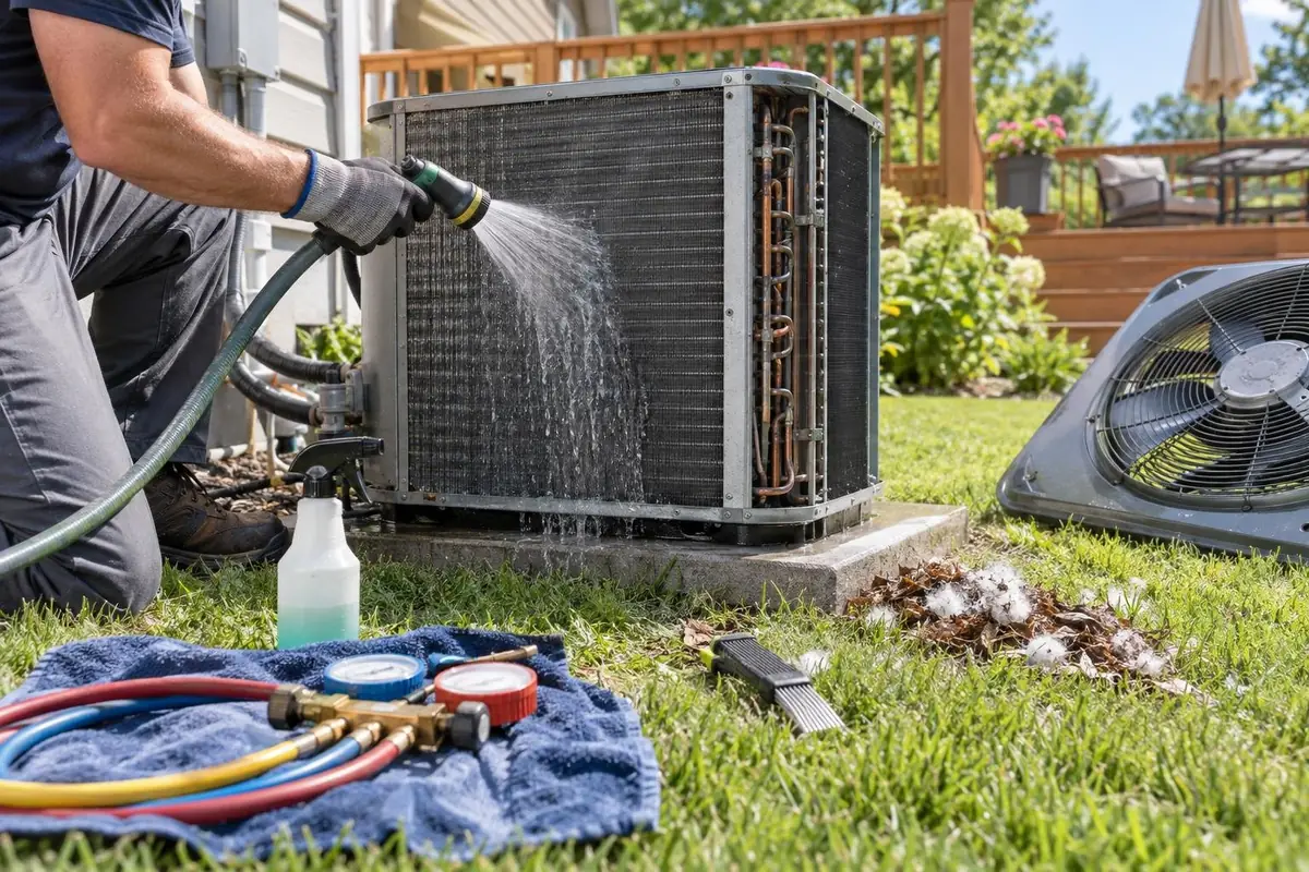 Technician rinsing the coil of an outdoor air conditioner during a summer tune-up