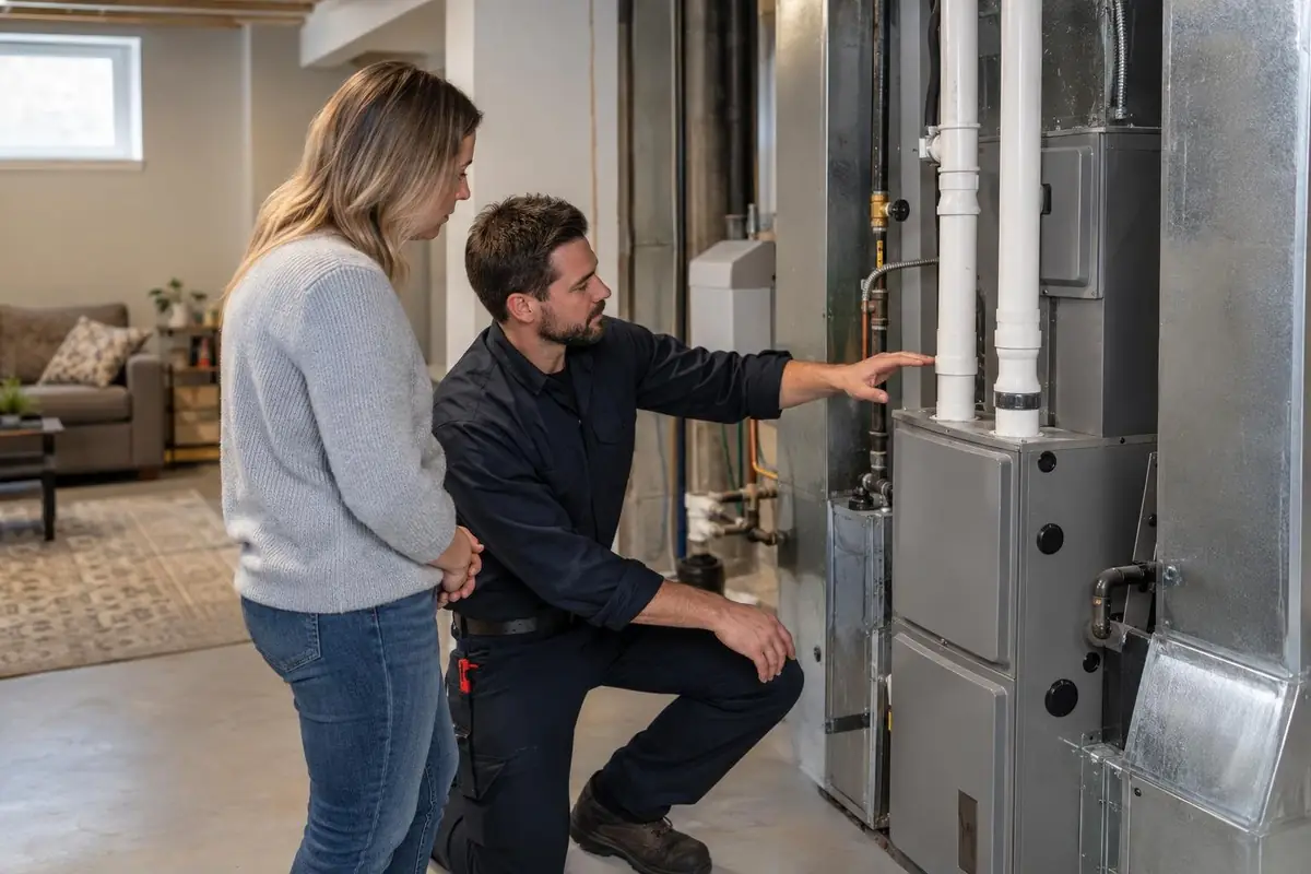 HVAC technician walking a homeowner through a newly installed furnace in a finished basement
