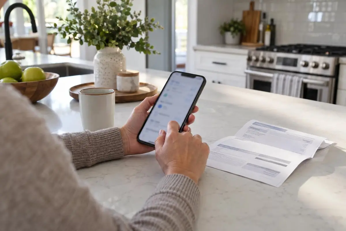 Homeowner holding a smartphone next to a paper invoice on a kitchen island