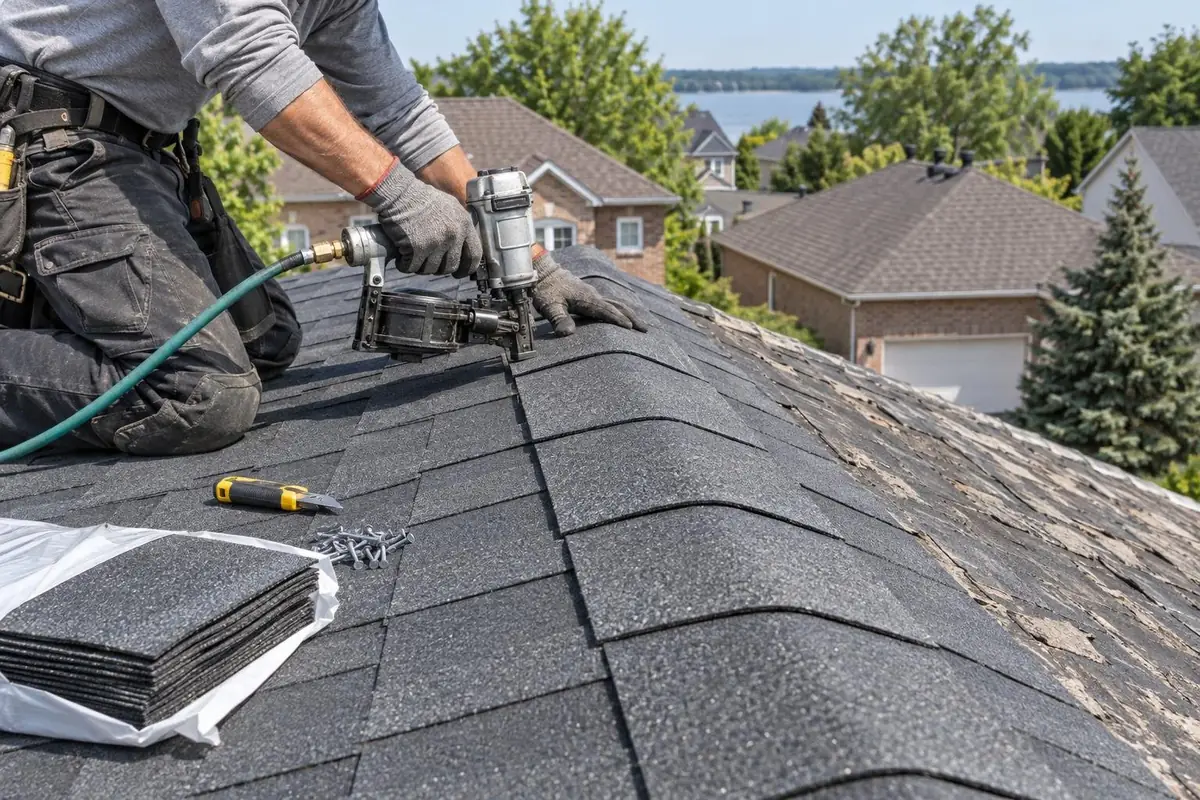 Roofer fastening new ridge cap shingles beside an older worn slope, the kind of real job photo roofing SEO service pages need