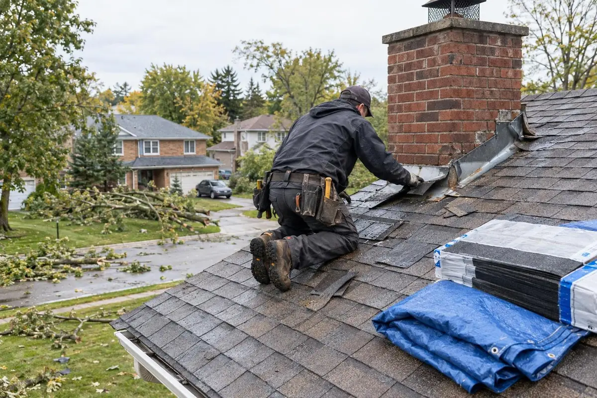Roofer kneeling beside a brick chimney to inspect lifted shingles and bent flashing after a windstorm