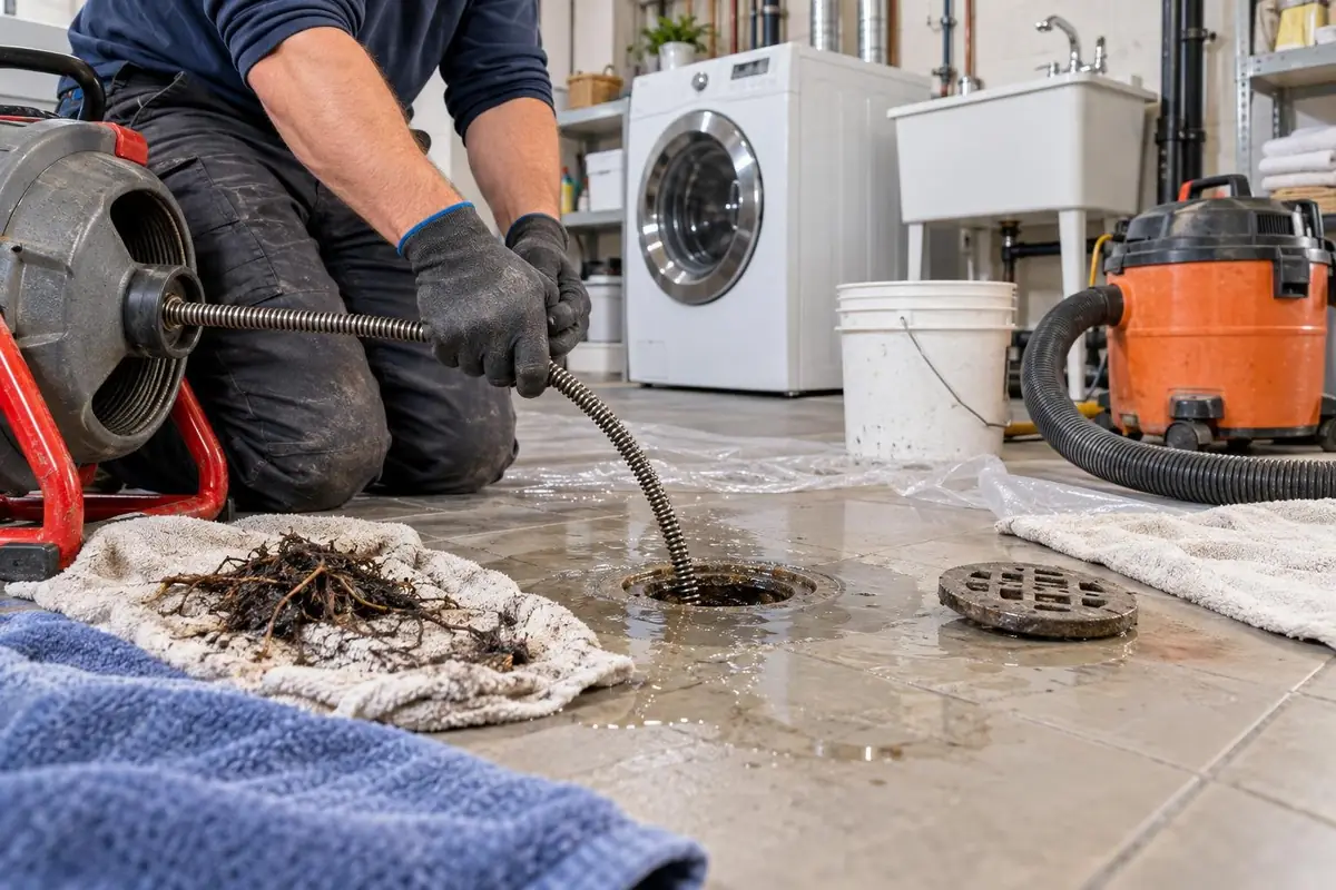 Plumber feeding a drain auger into a backed-up basement floor drain, the kind of emergency job SEO for plumbers gives its own page