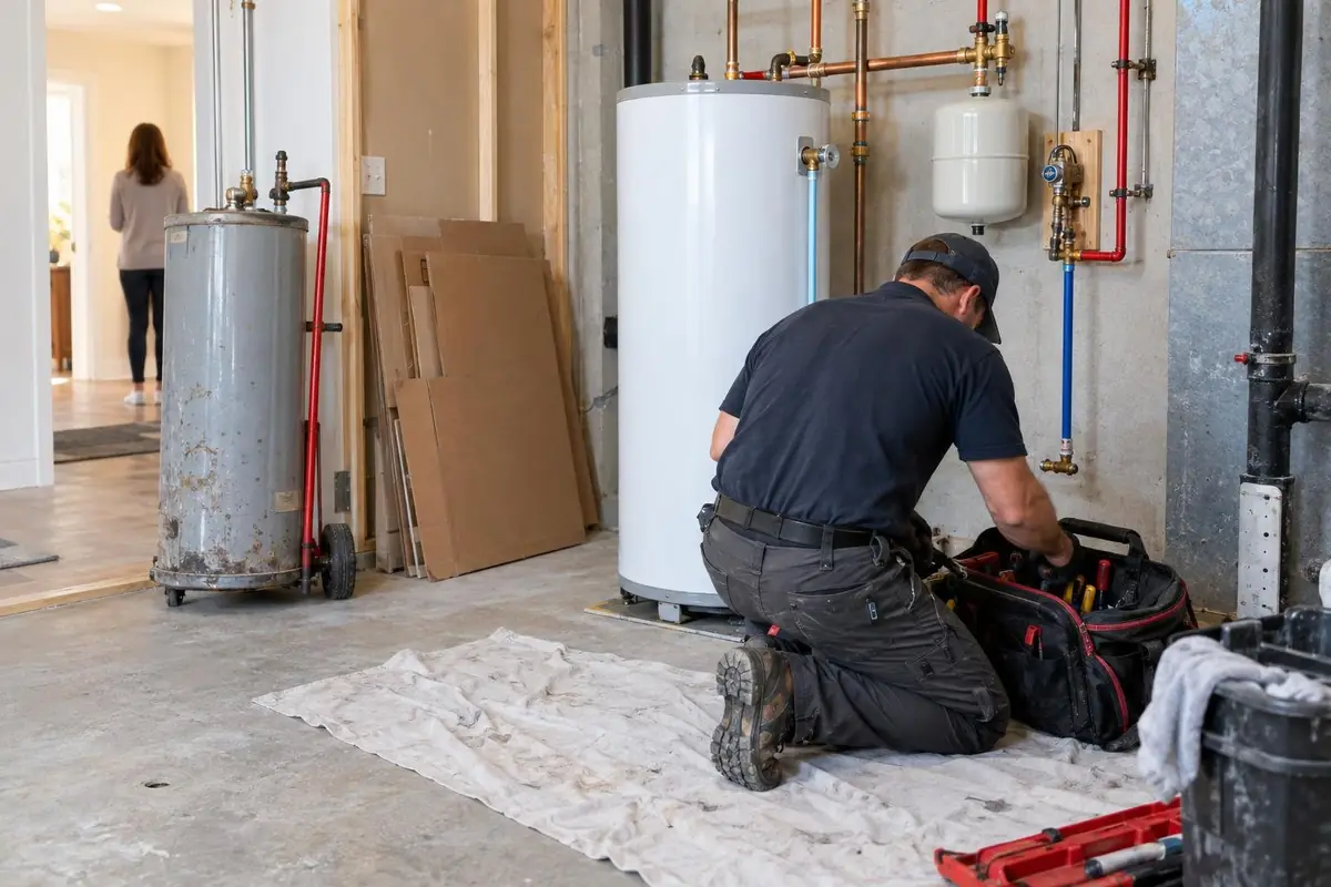 Plumber packing up tools beside a newly installed water heater at the end of a job