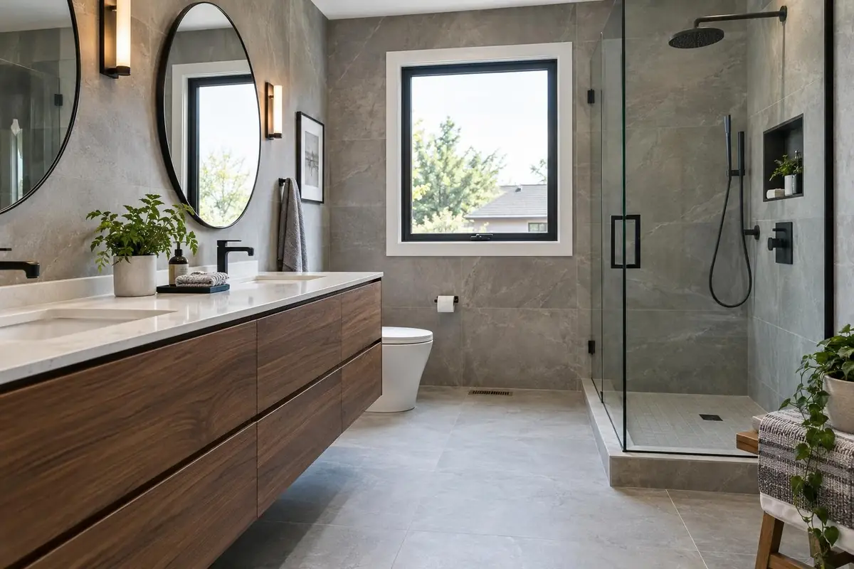 Freshly renovated bathroom with large grey tile, a walnut vanity and black fixtures