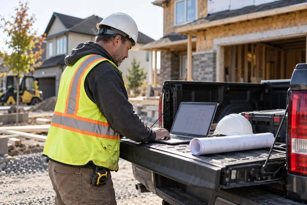 Contractor reviewing leads on a laptop on the tailgate of a work truck at a job site