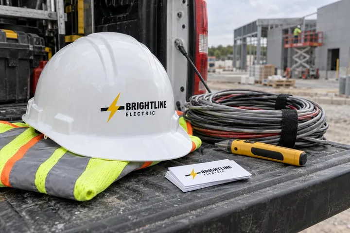 Brightline Electric concept logo on a white hard hat and business cards