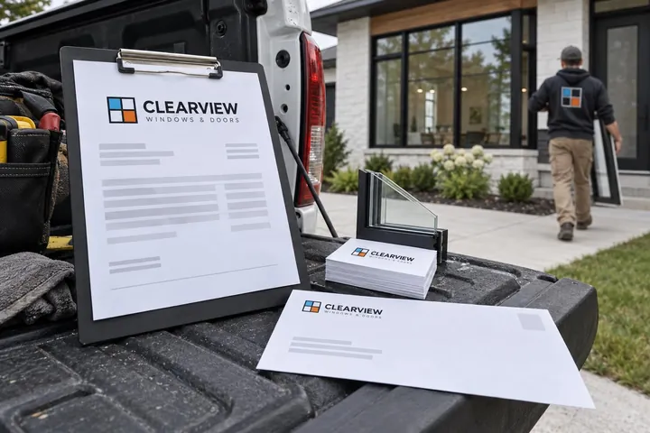Clearview Windows and Doors concept letterhead on a clipboard with business cards on a truck tailgate