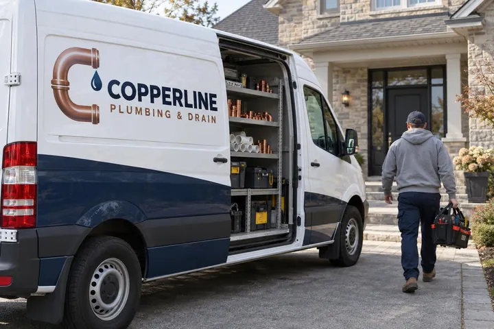Copperline Plumbing concept logo on a white and navy service van wrap