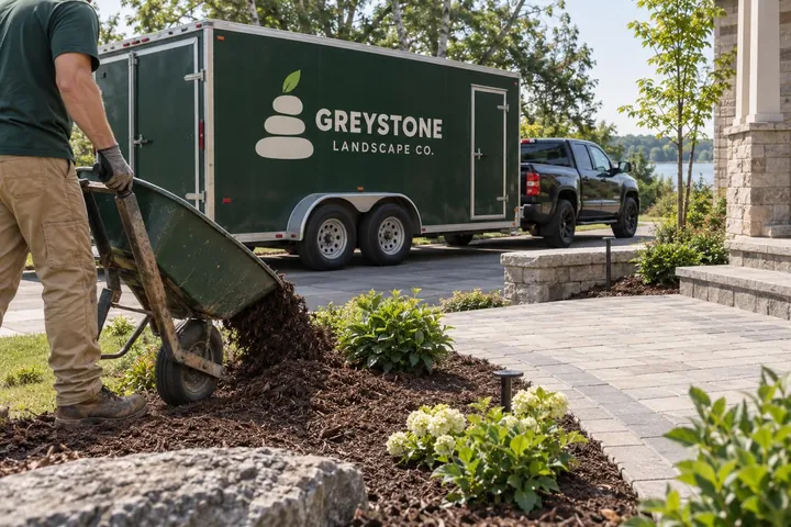 Greystone Landscape concept logo on a green enclosed trailer beside a new patio