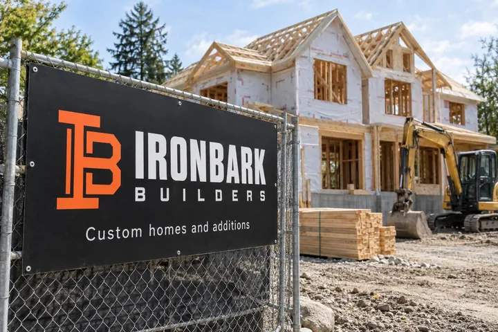 Ironbark Builders concept logo on a black job site sign at a custom home build