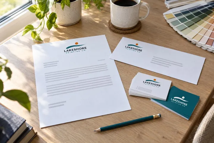 Lakeshore Painting concept stationery with letterhead, envelope and business cards beside a paint fan deck