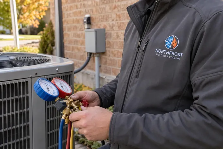 Northfrost Heating and Cooling concept logo embroidered on an HVAC technician jacket