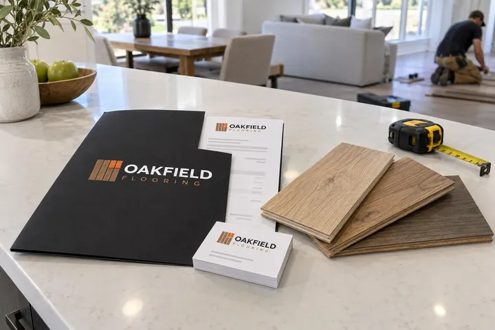 Oakfield Flooring concept presentation folder and business cards beside hardwood samples on a kitchen island