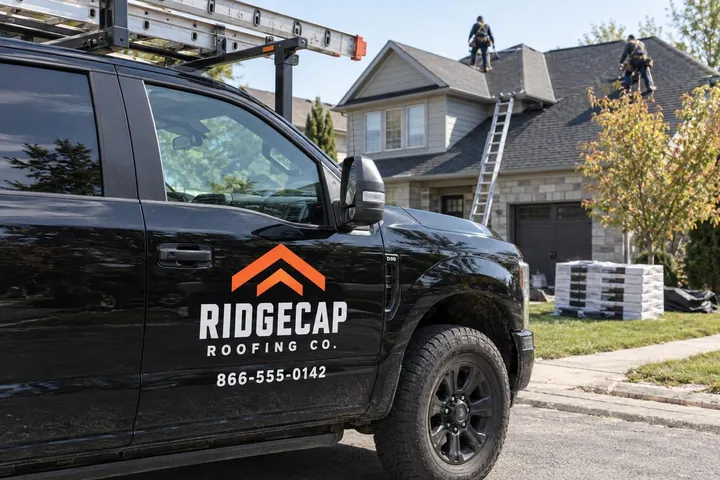 Ridgecap Roofing concept logo on the door of a black pickup truck at a roofing job