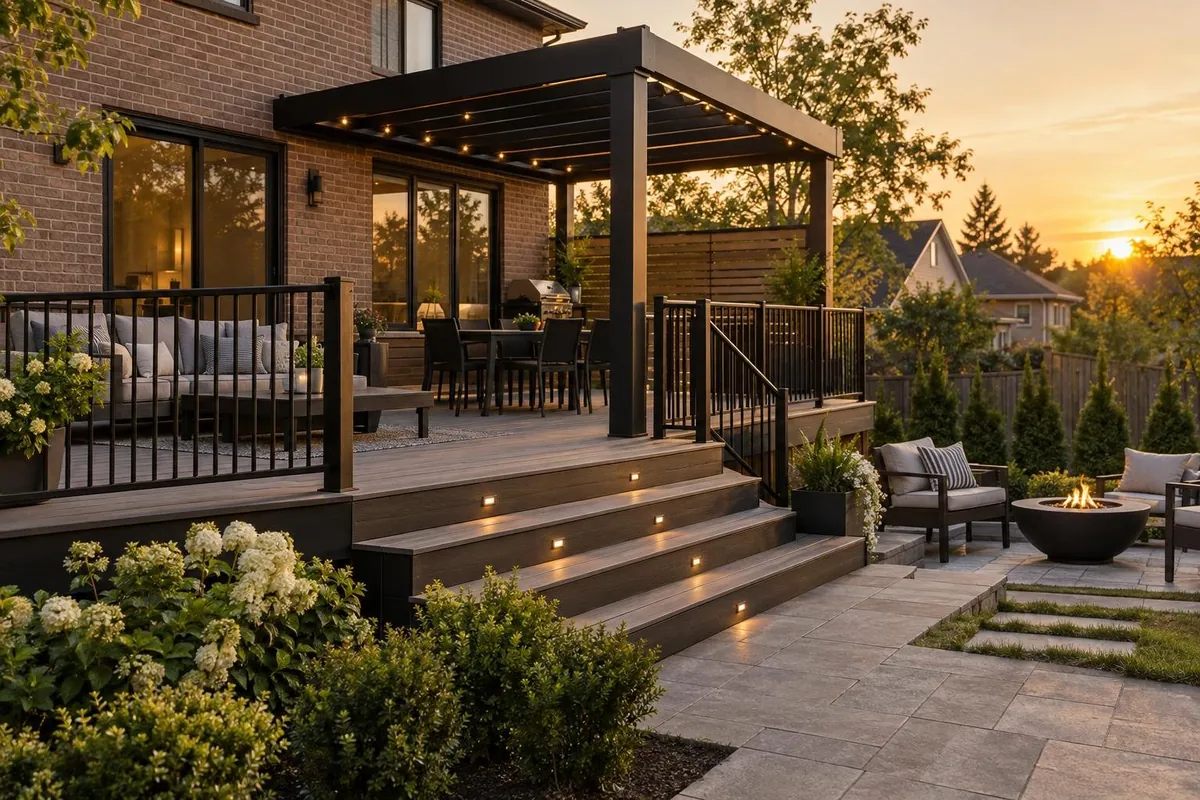 The finished deck: Composite, aluminum rail, pergola