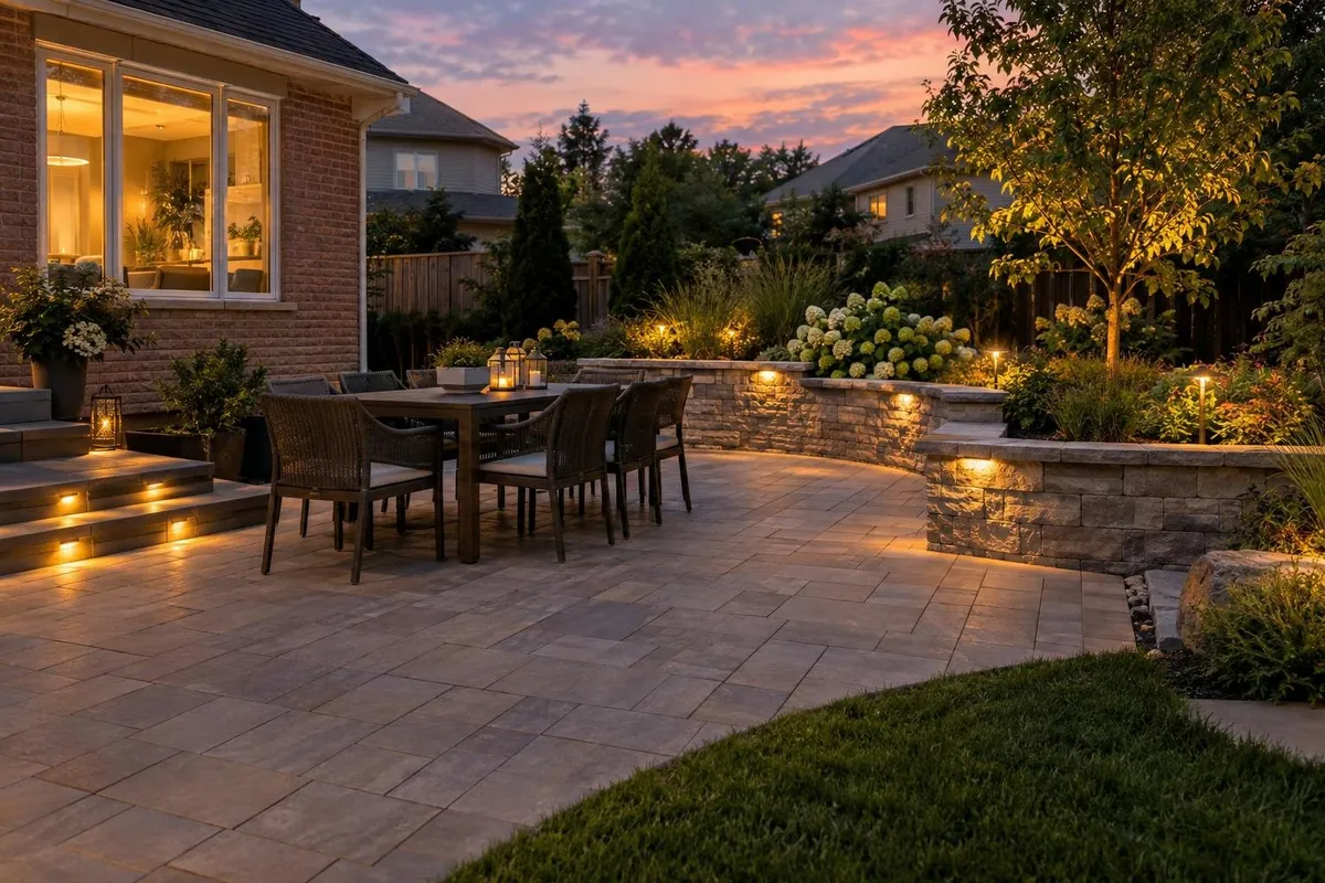The finished yard: Patio, wall and lighting